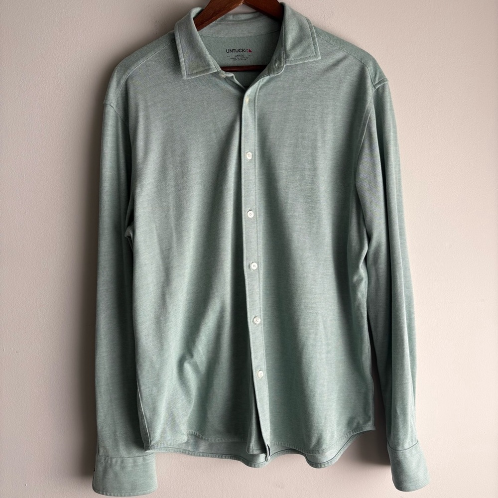 UNTUCKit Mens Large Pique Knit‎ Button Down Shirt Green Cotton Stretch Casual